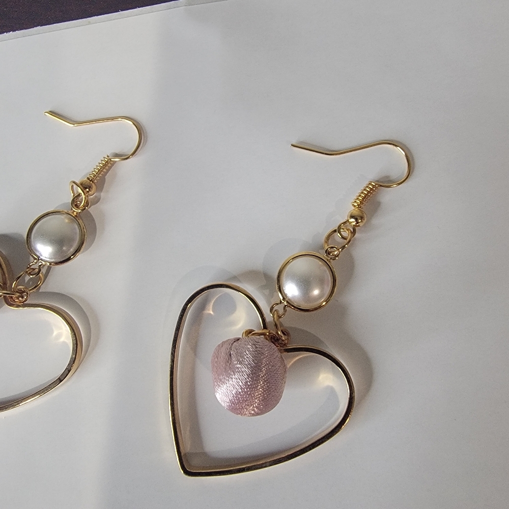 Gold Heart Earrings with Pearl and Pink Accents - Picture 4 of 6